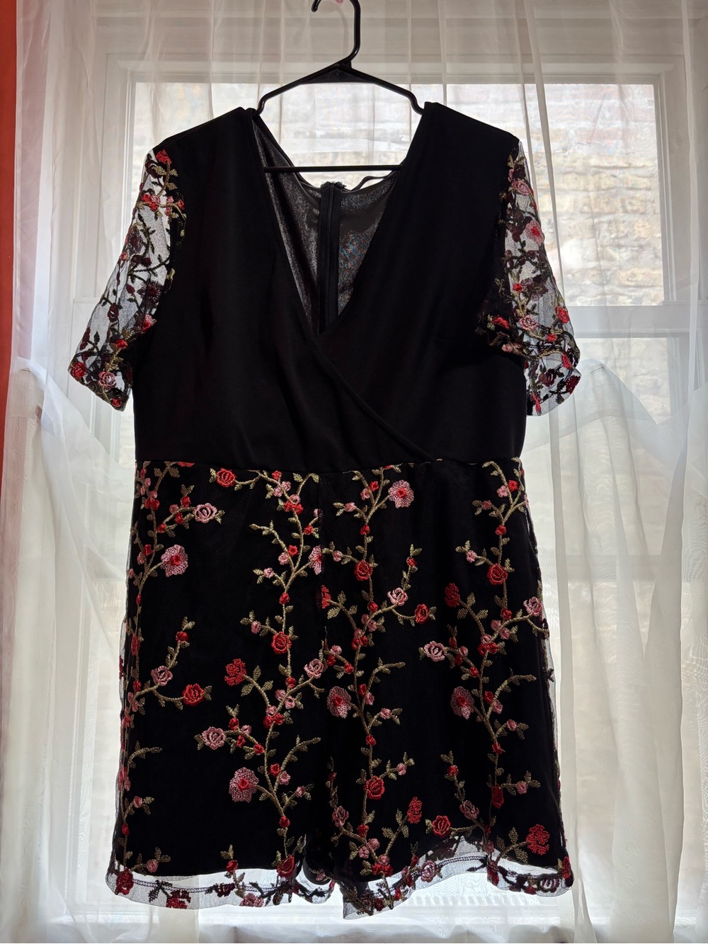 SHEIN Black Midi Dress with Pink & Red Floral Embroidery